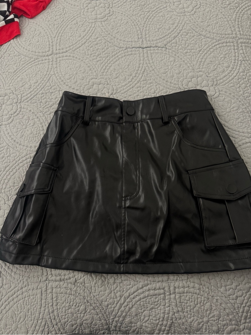 Amazon Black Faux Leather Cargo Mini Skirt with Flap Pocketsx